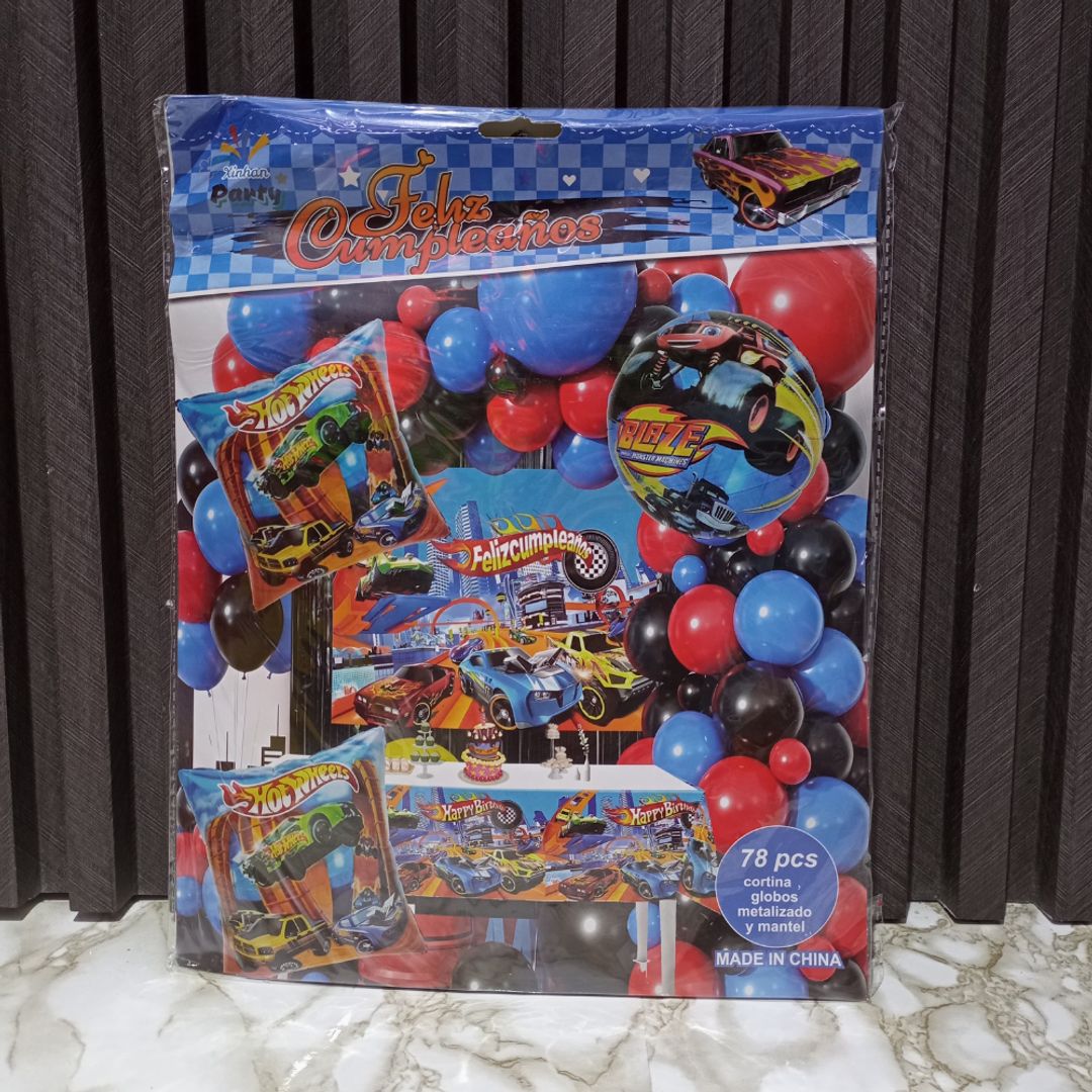 ARCO DE GLOBOS FONDO MANTEL Y CORTINA HOTWHEELS