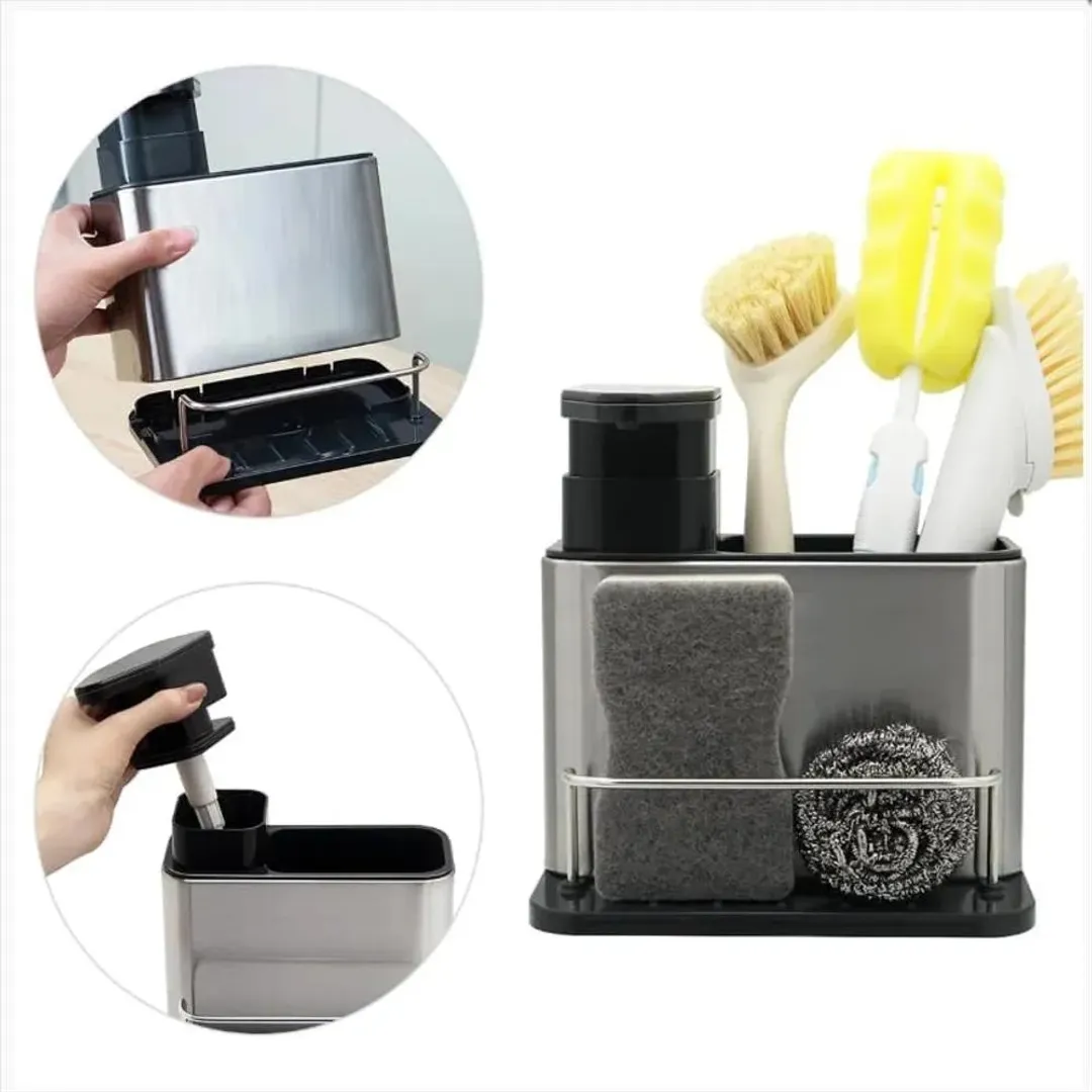 DISPENSADOR DE JABON METALICO CON SOPORTE 3 EN 1 