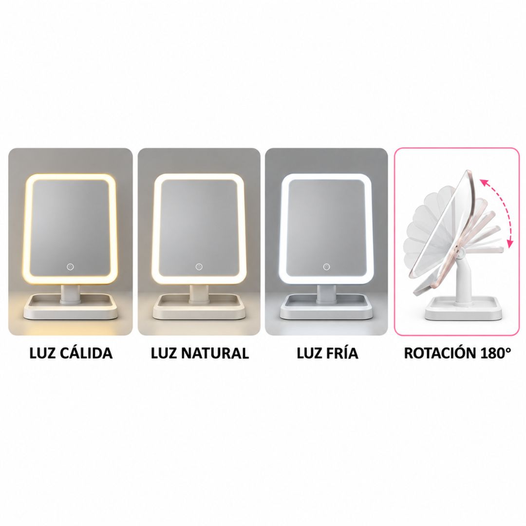 Espejo de Maquillaje Triple con Luz LED