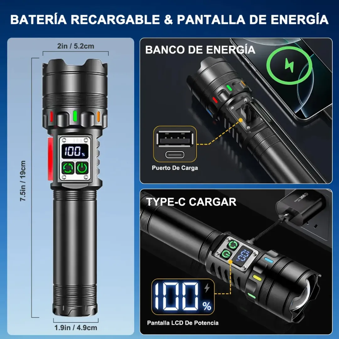 LINTERNA LED POTENTE TACTICA RECARGABLE