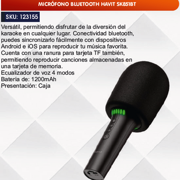 Imagen del producto MICRÓFONO BLUETOOTH HAVIT SK851BT
