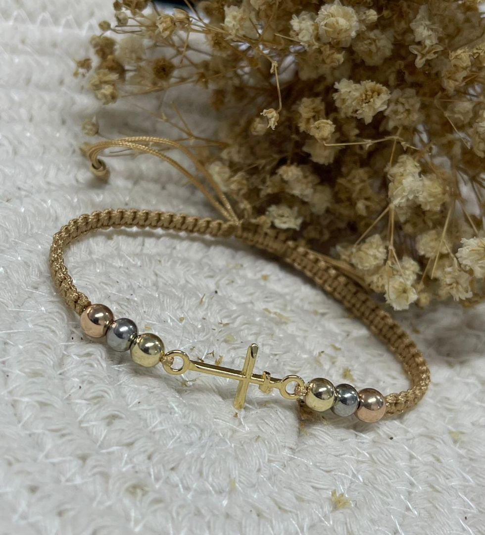 Pulsera tejida cruz inri en 3 oros balin 5mm
