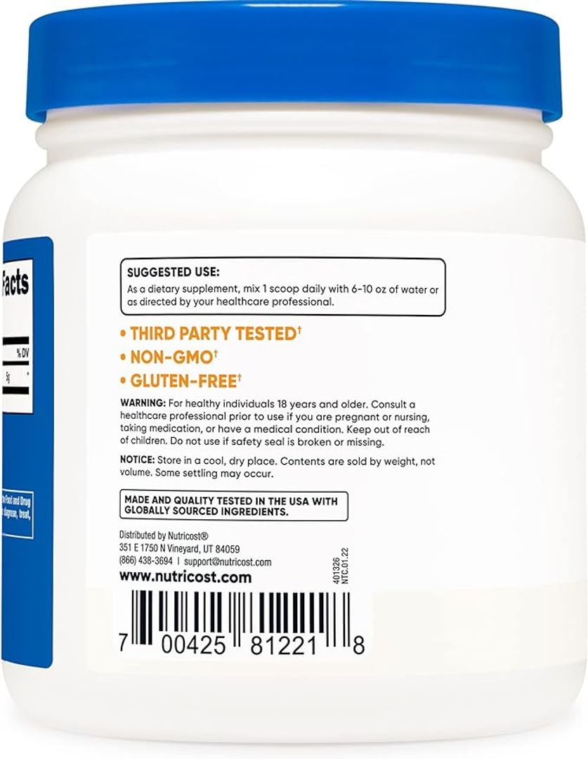 L-glutamina en polvo, 17.6 onzas, sin sabor, sin gluten y sin OMG, 100 porciones