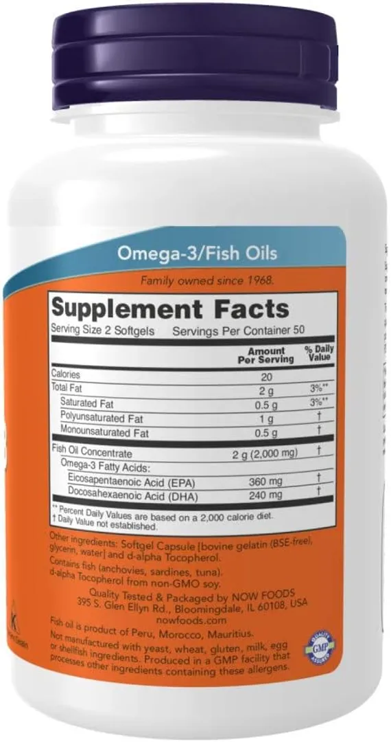 Omega 3 Fish Oil 1,000 mg 100 softgels NOW