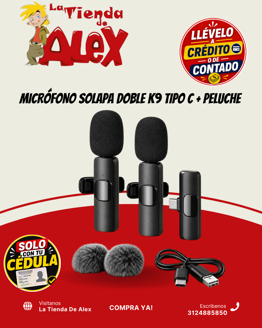 MICRÓFONO SOLAPA DOBLE K9 TIPO C + PELUCHE