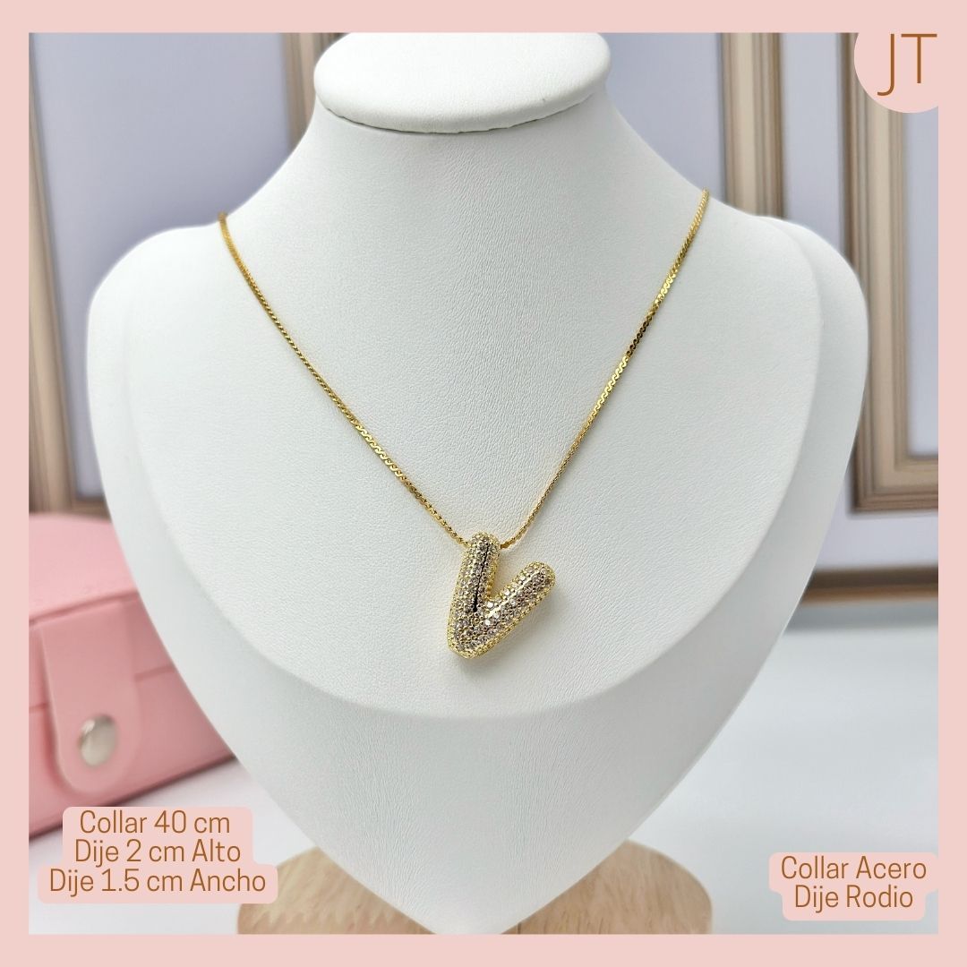 Collar Dije Acero Inoxidable Inicial "V"