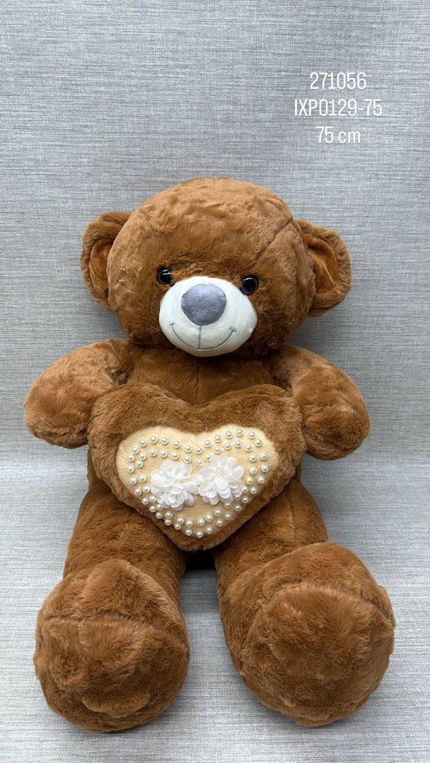 OSO CHOCOLATE PATAS LARGAS CON CORAZON DE PERLAS 75 CM 
