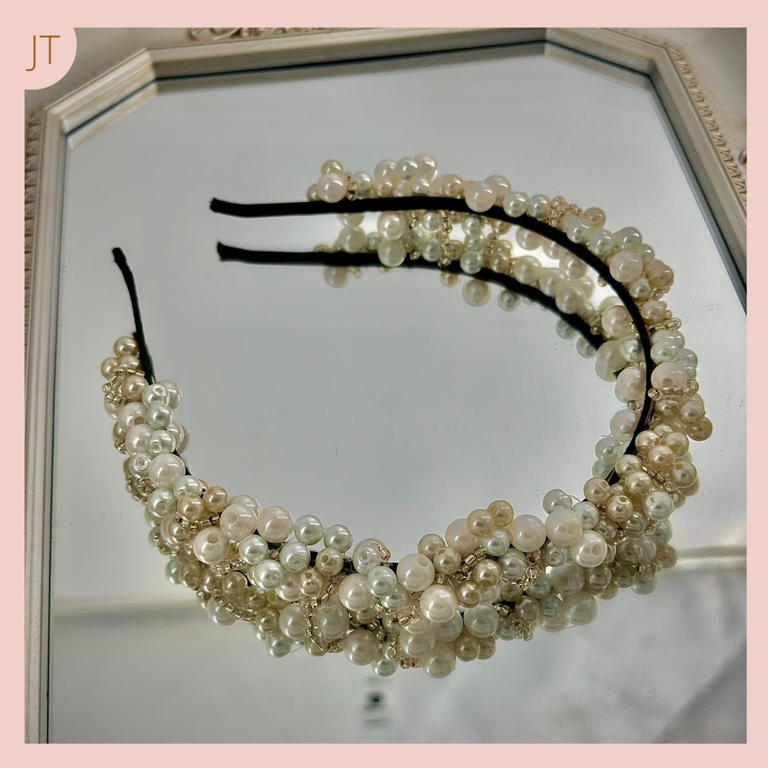 Diadema Recamada Artesanal Blanca Beige