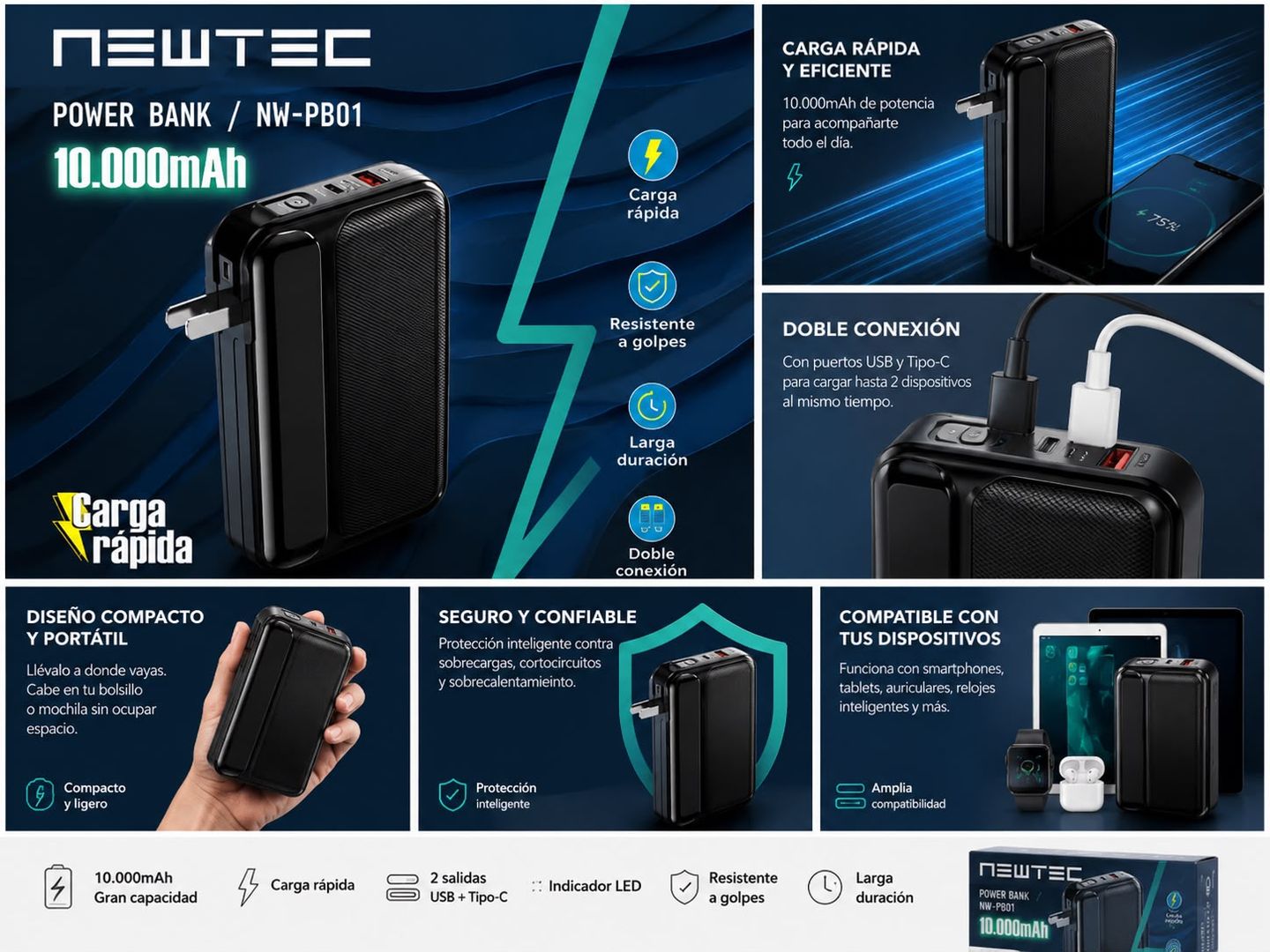 POWER BANK NEWTEC NW-PB01 – 10.000 mAh