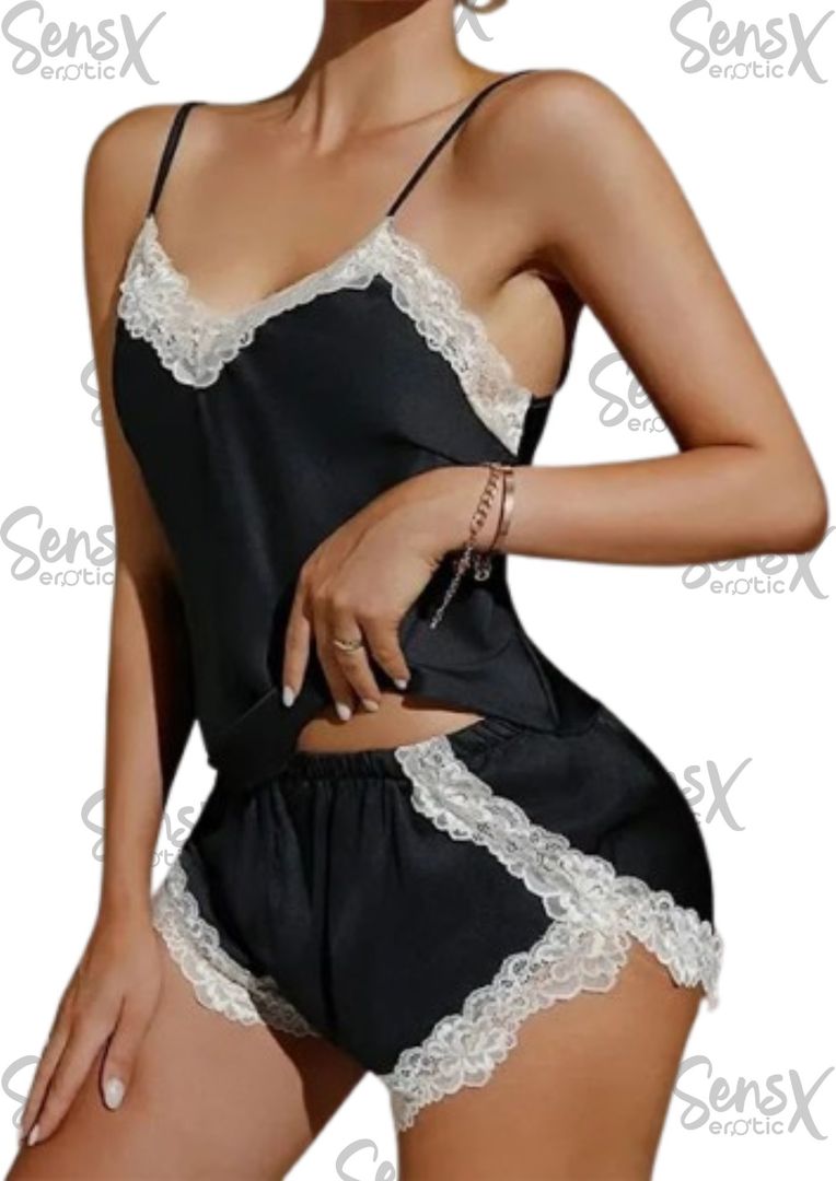 Conjunto de pijama de satén para mujer, sexy, con encaje y pantalones cortos, lencería de seda de 2 piezas