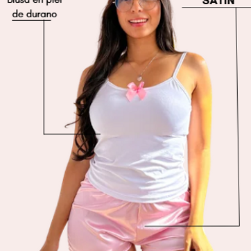 Pijama + short tela satín licrado y piel de durazno - imagen 1