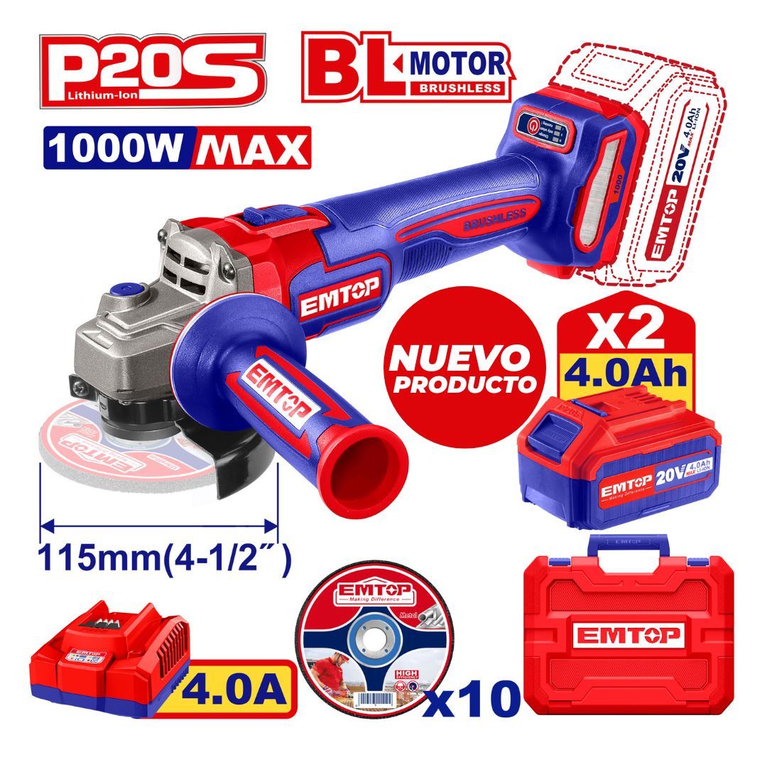 EMTOP PULIDORA 4-1/2 BRUSHLESS 1000W INALAM 20V+2BAT 4.0Ah+CARGADOR+10 DISCO 4- 1/2