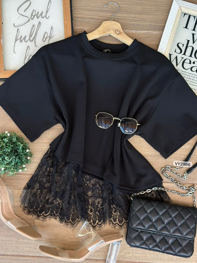 BLUSA TELAFRIA CON BLONDA PARTE INFERIOR VY2966