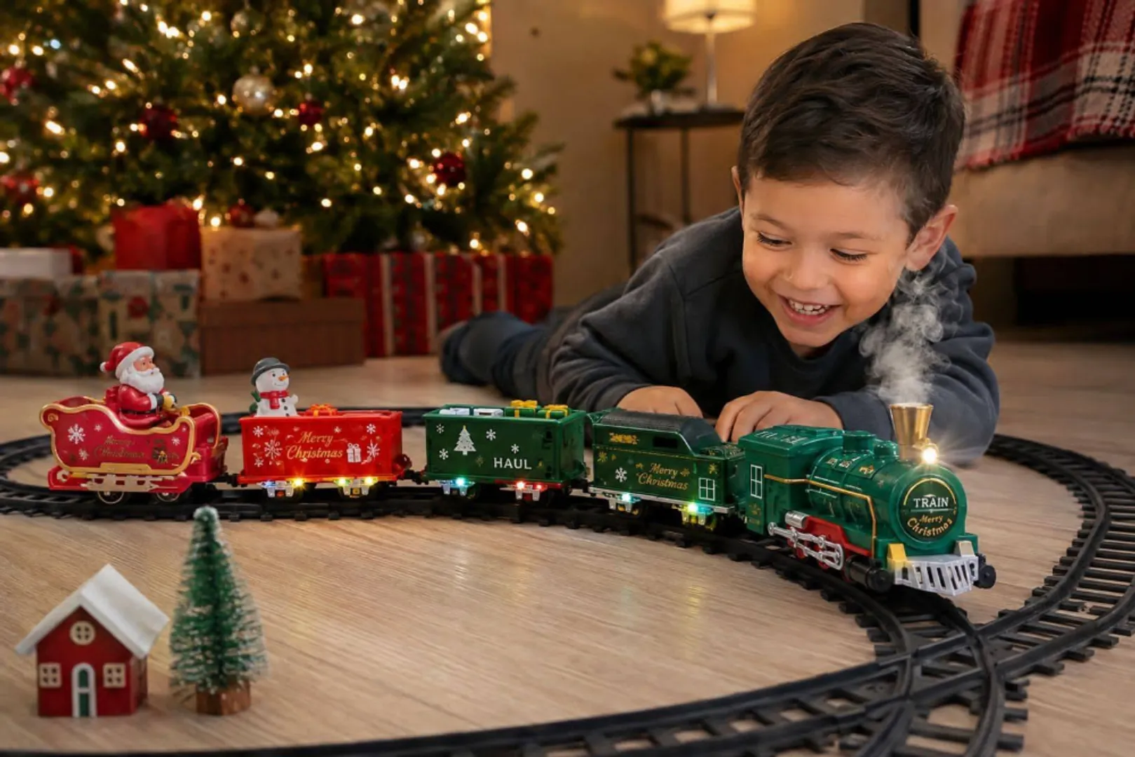 TREN CLASICO NAVIDEÑO CON VAPOR Y LUCES 30 PCS