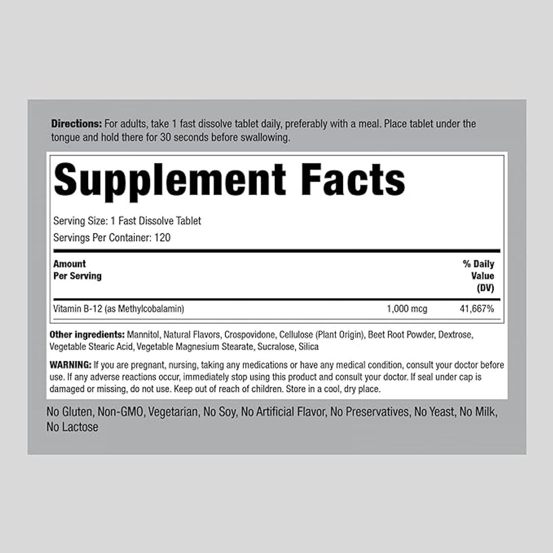 Vitamina B12 Sublingual 1000MCG 120Tablets PIPINROCK