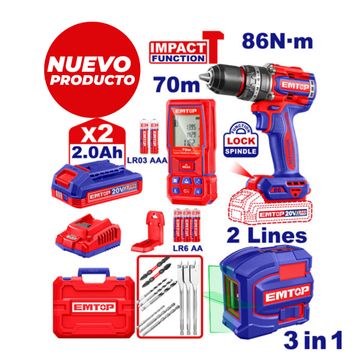 EMTOP COMBO 3PC TALADRO 1/2PERC 86Nm+NIVEL LASER+MEDIDOR DIST+2BAT 2Ah+CARG+ACCE - imagen 1