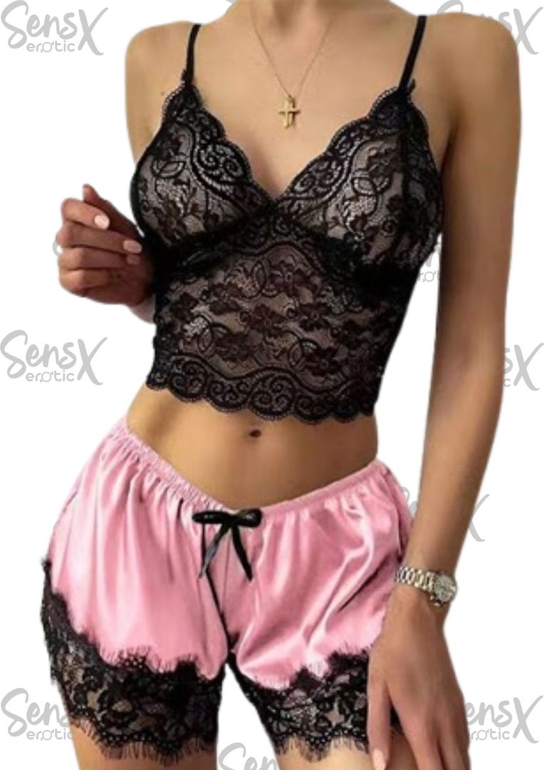 Pijama Sexy de Encaje Rosa y negro