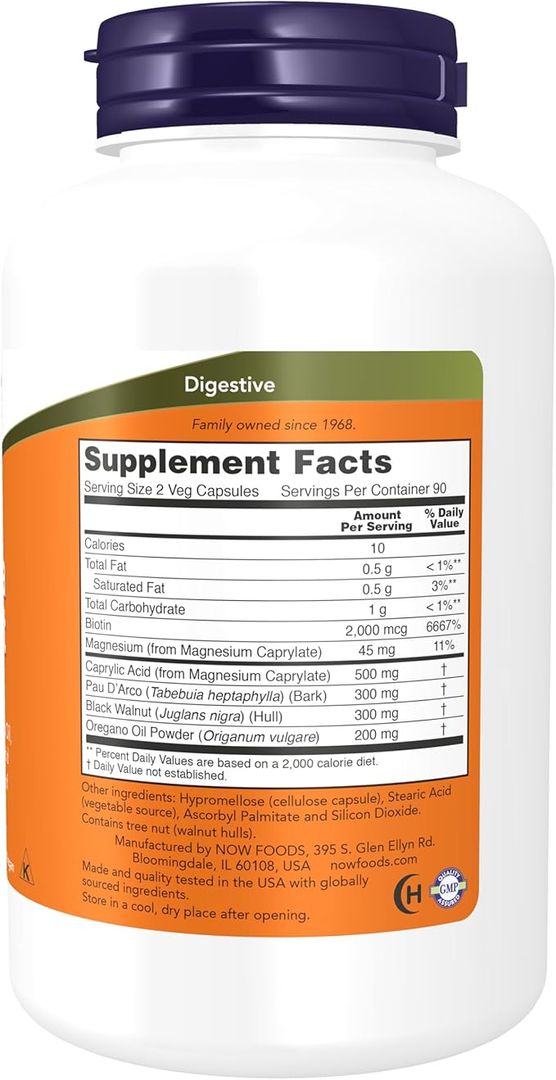 Candida Support con Pau DArco, aceite de orégano, nogal negro y ácido caprílico, 180 cap NOW