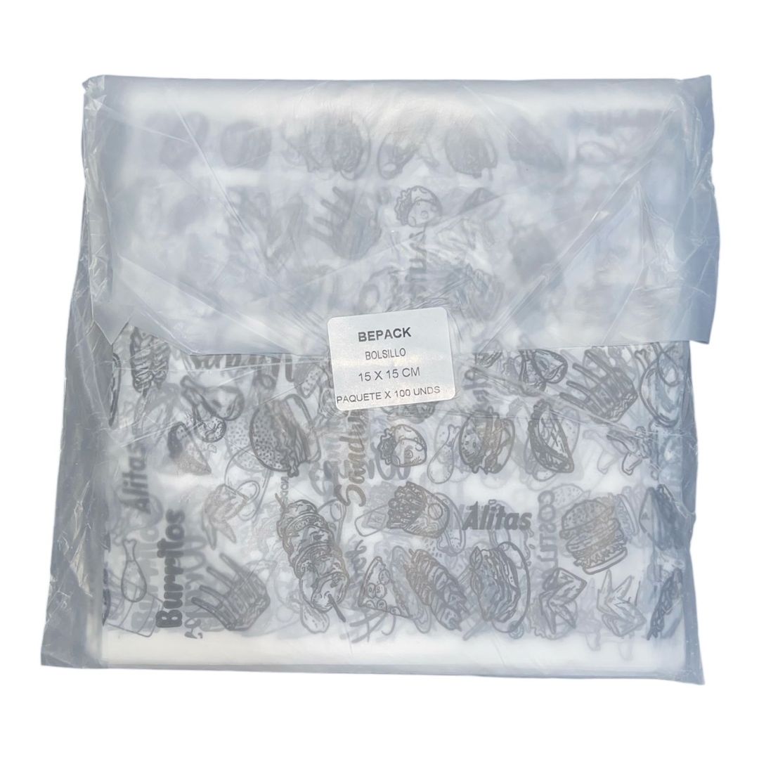 Ñ. LAMINA BOLSILLO L PARA AREPAS O HAMBUERGUESAS 15X15 PAQ X 100 UND 