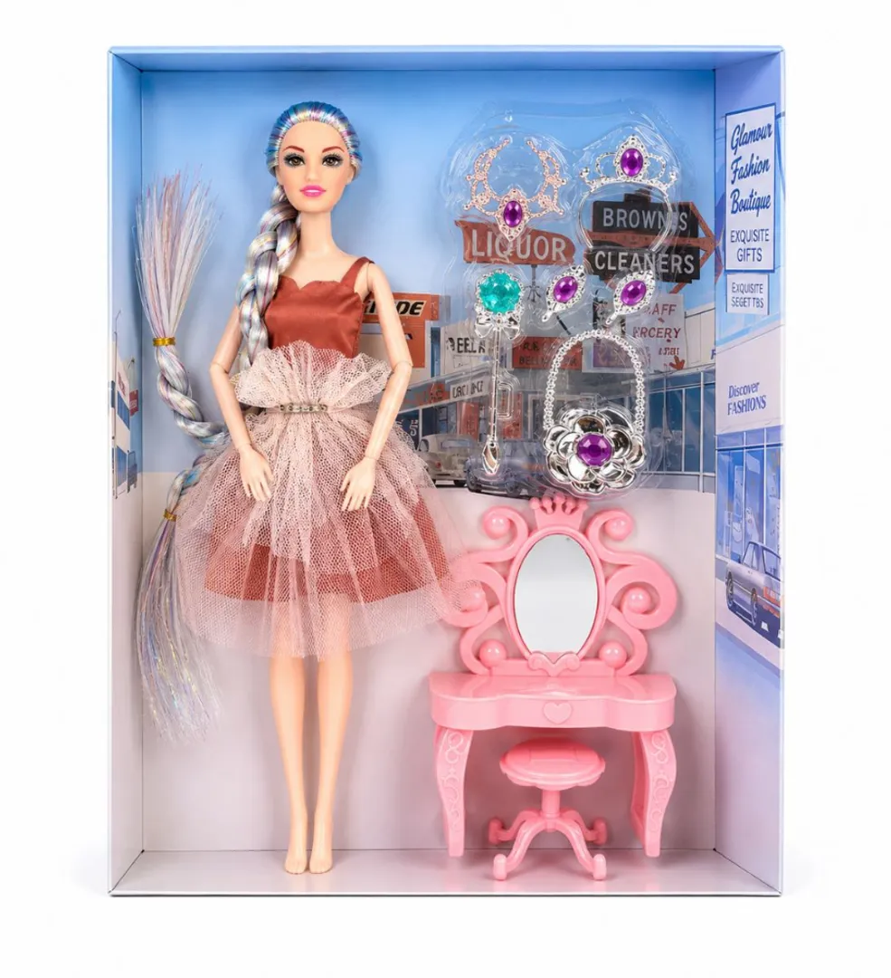 MUÑECA MODEL CON ACCESORIOS Y TOCADOR