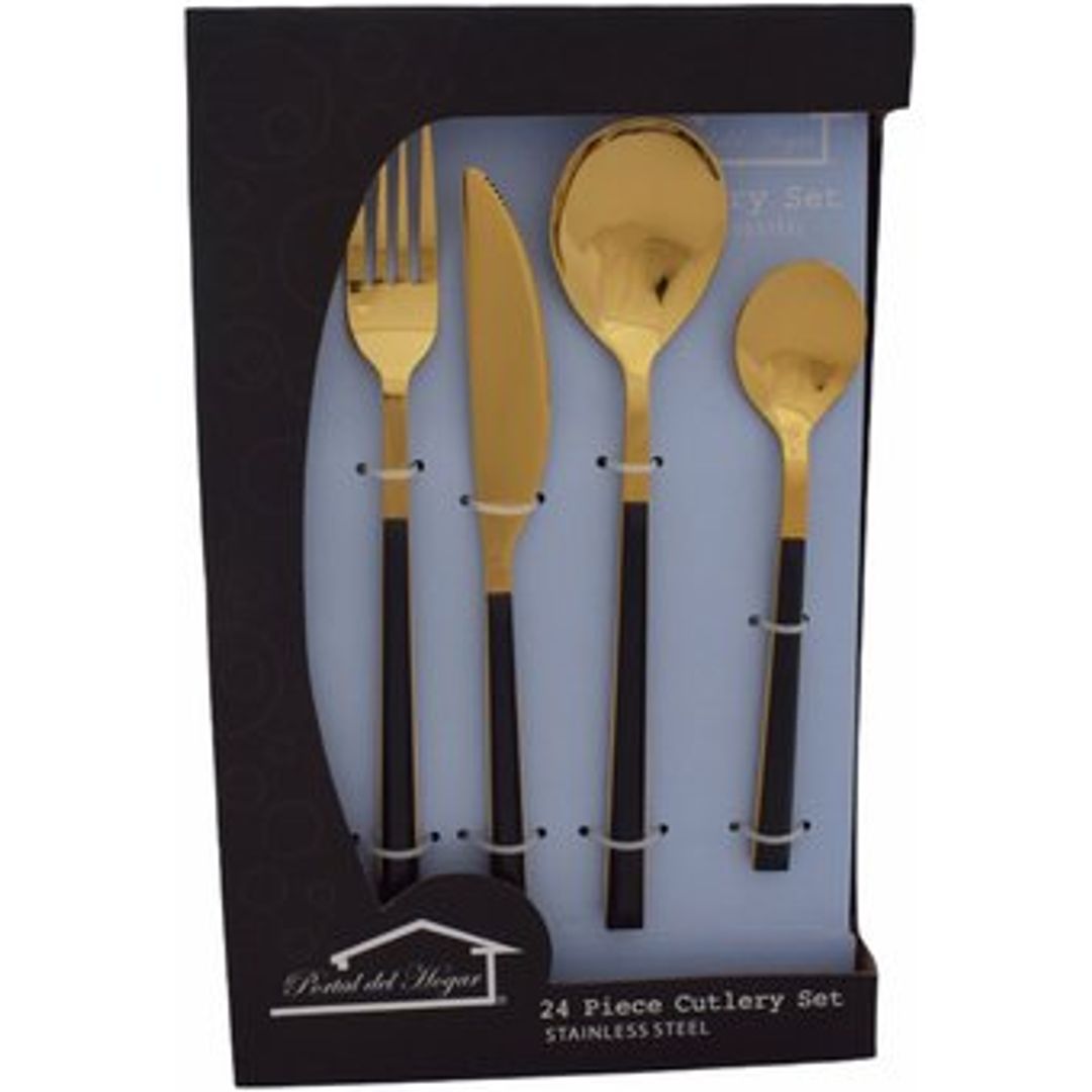 JUEGO DE CUBIERTOS ACERO DORADO MANGO PASTA NEGRA 