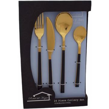 JUEGO DE CUBIERTOS ACERO DORADO MANGO PASTA NEGRA  - imagen 1