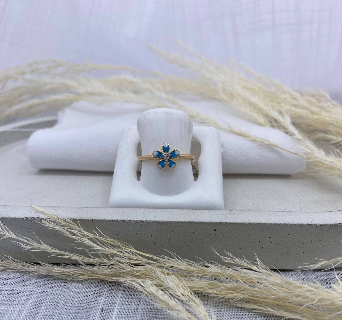 Anillo flor, azul, oro rosa, covergold 