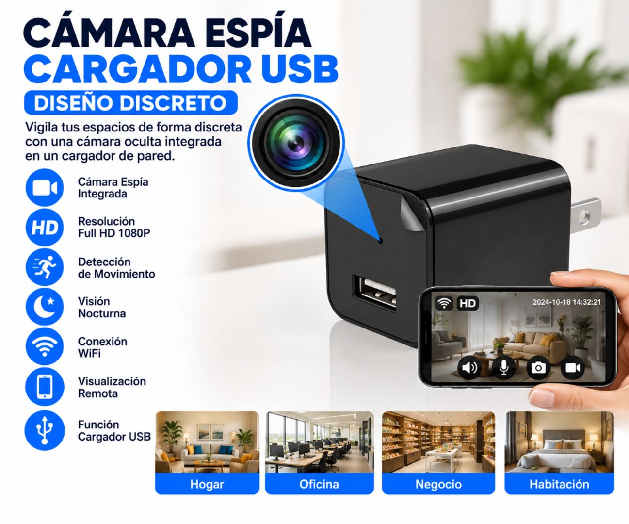 Cámara Espía Cargador Wi-Fi