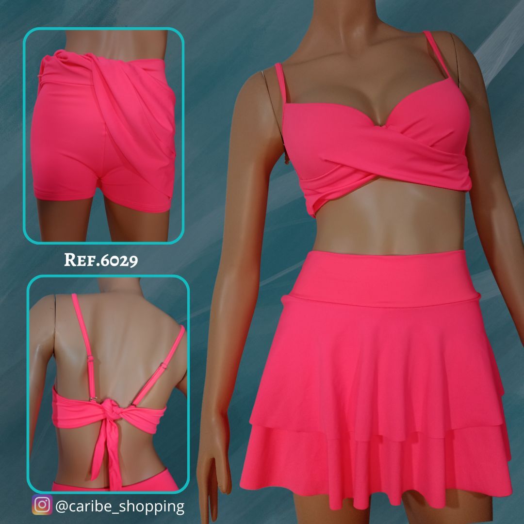 XL Bikini crop top copa Varilla, falda shorts forrado 