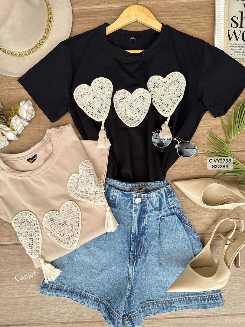 CAMISETA 3 CORAZONES ENCAJE CROCHE VY2738