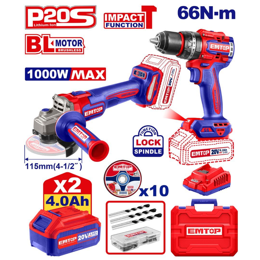 EMTOP COMBO TALADRO 1/2 PERCUTOR INALAM + PULIDORA 4-1/2 + 2 BAT 4Ah + CARGADOR + 10 DISCOS + ACCESO