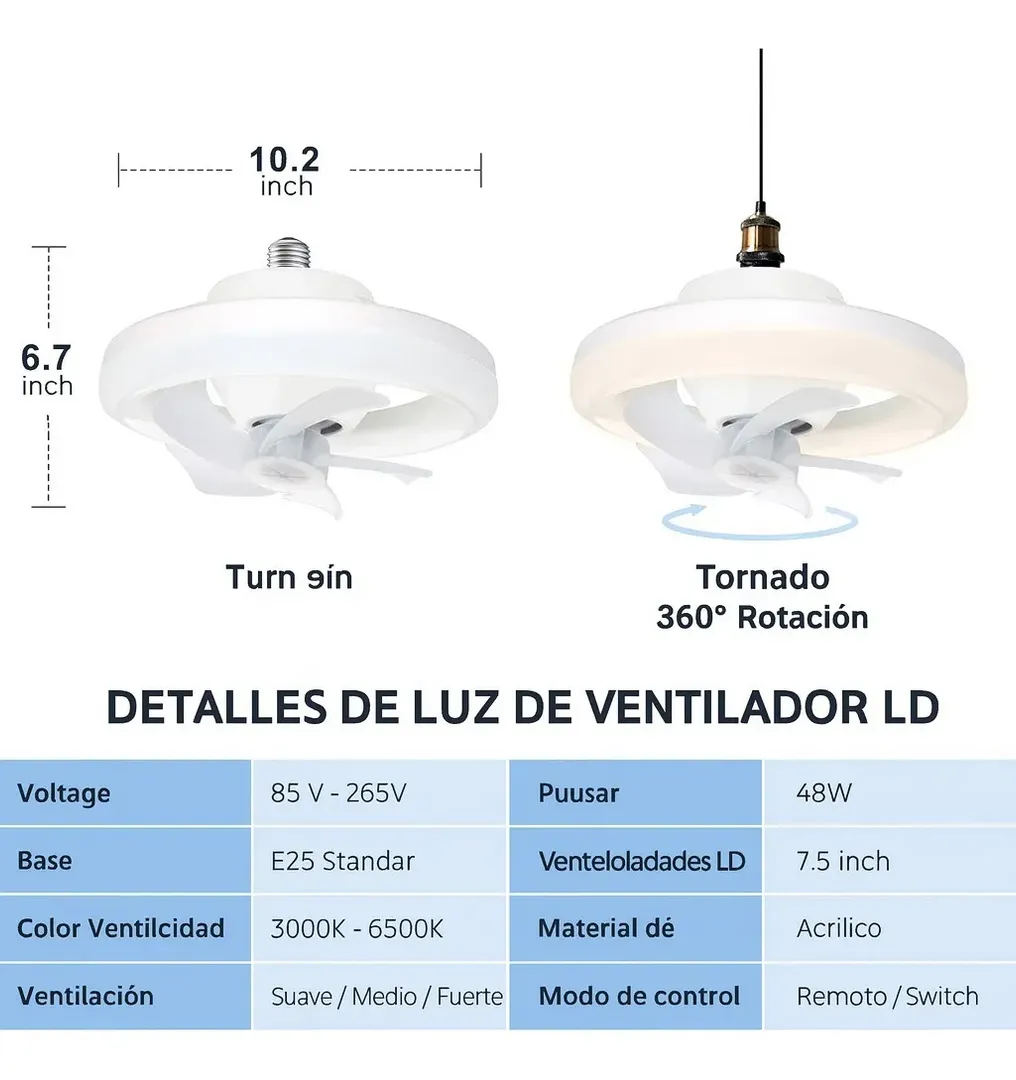 VENTILADOR BOMBILLO DE TECHO 60w 3 VELOCIDADES CON CONTROL