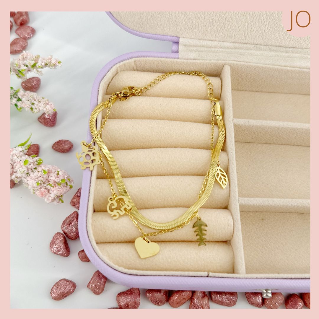 Tobillera Lazo Doble, corazones/llaves