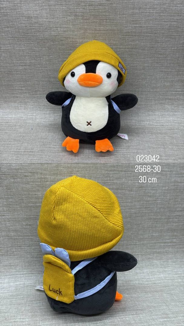 PINGUINO CON GORRO Y BOLSO 30 CM