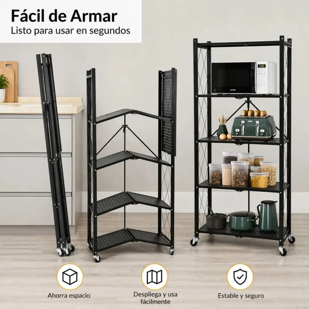 ORGANIZADOR ESTANTERIA METALICO 5 NIVELES PLEGABLE CON RUEDAS 158x70x34CM