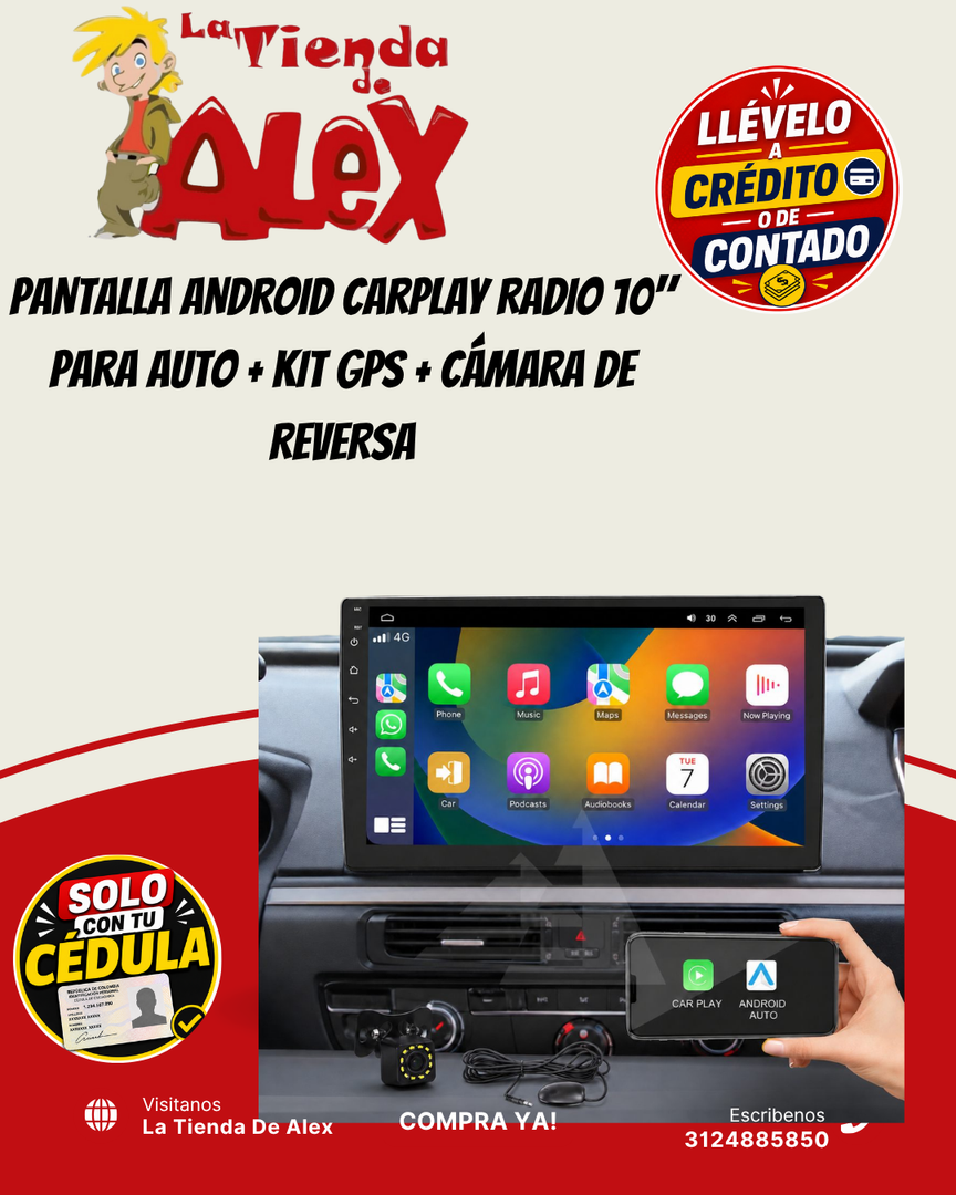 PANTALLA ANDROID CARPLAY RADIO 10" PARA AUTO + KIT GPS + CÁMARA DE REVERSA