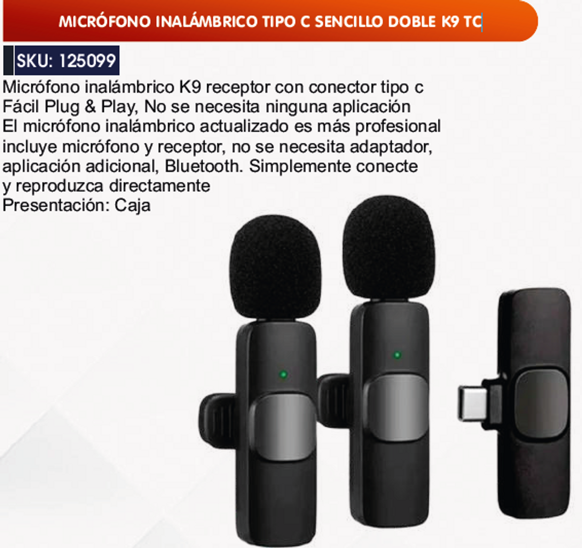 MICRÓFONO INALÁMBRICO TIPO C SENCILLO DOBLE K9 TC