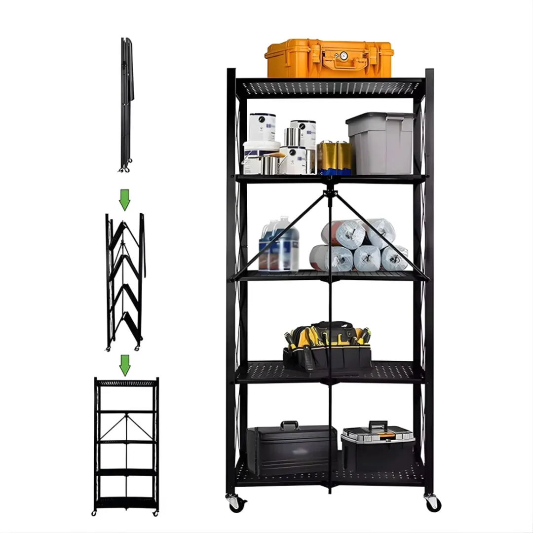 ORGANIZADOR ESTANTERIA METALICO 5 NIVELES PLEGABLE CON RUEDAS 158x70x34CM