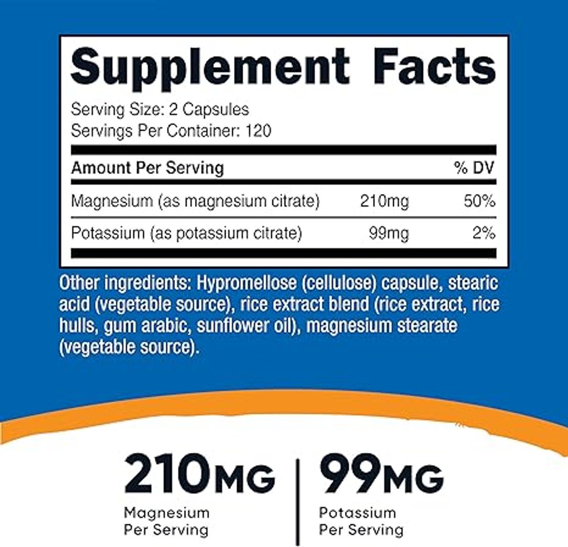 Potasio (99 mg) Citratos de magnesio (210 mg), 240 CAP Nutricost 