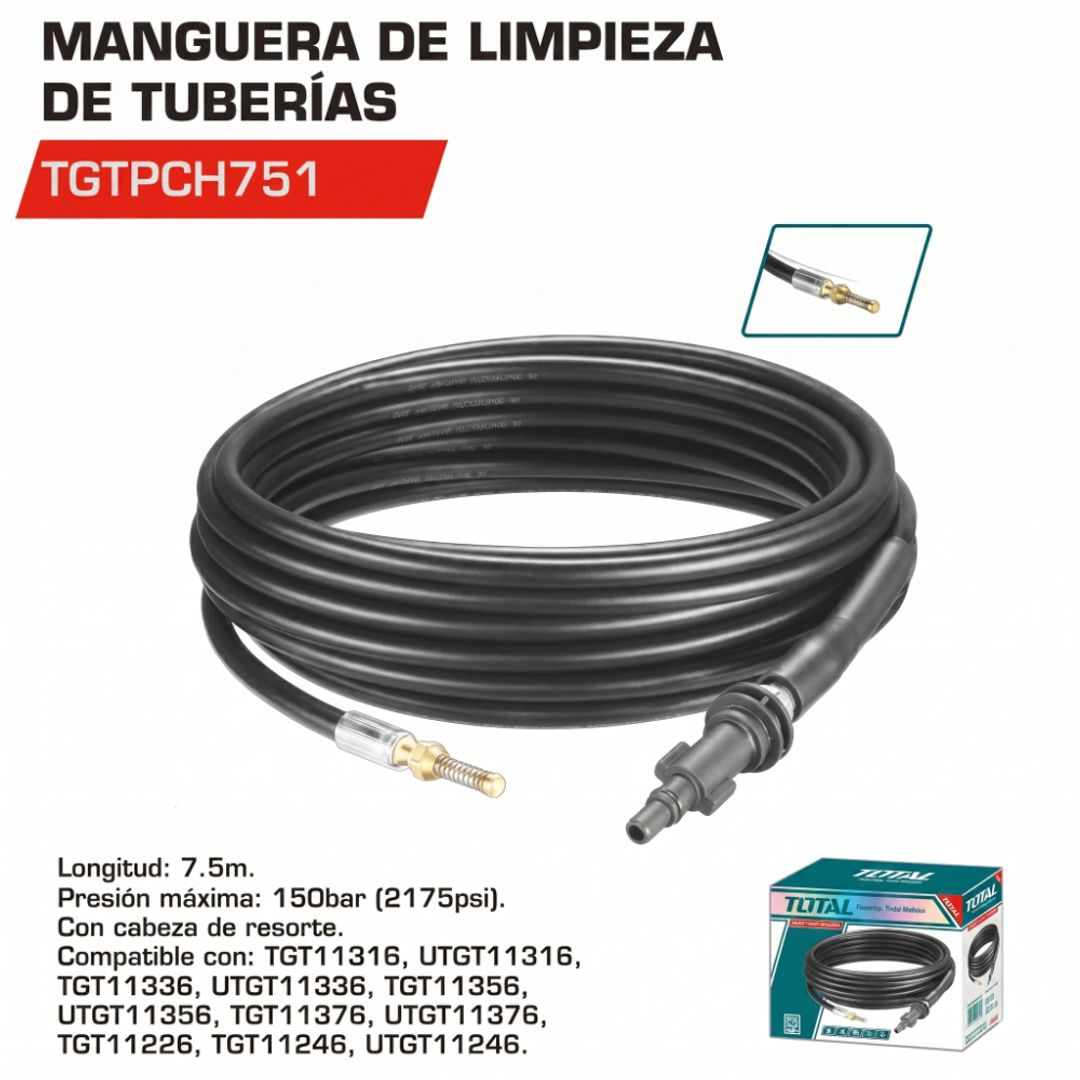 MANGUERA DE ALTA PRESION 7.5M PARA LIMPIEZA DE TUBERIAS
