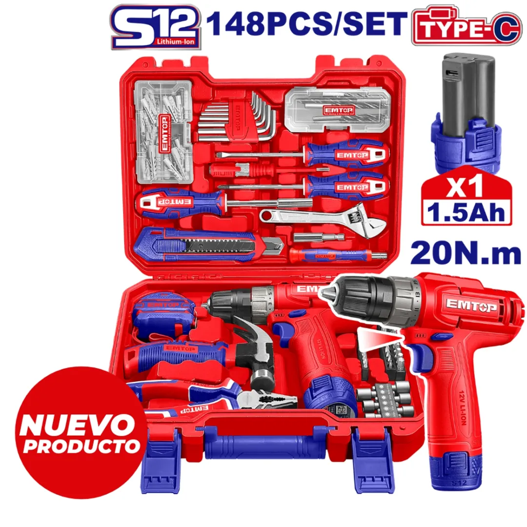EMTOP TALADRO 3/8 148PCS INALAM 12V 1 BATERIA 1.5Ah SUPER EMTOP