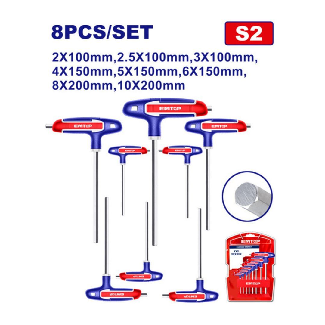 EMTOP LLAVE HEXAGONAL MANGO EN T 8PCS ENCAUCHETADO SUPER EMTOP