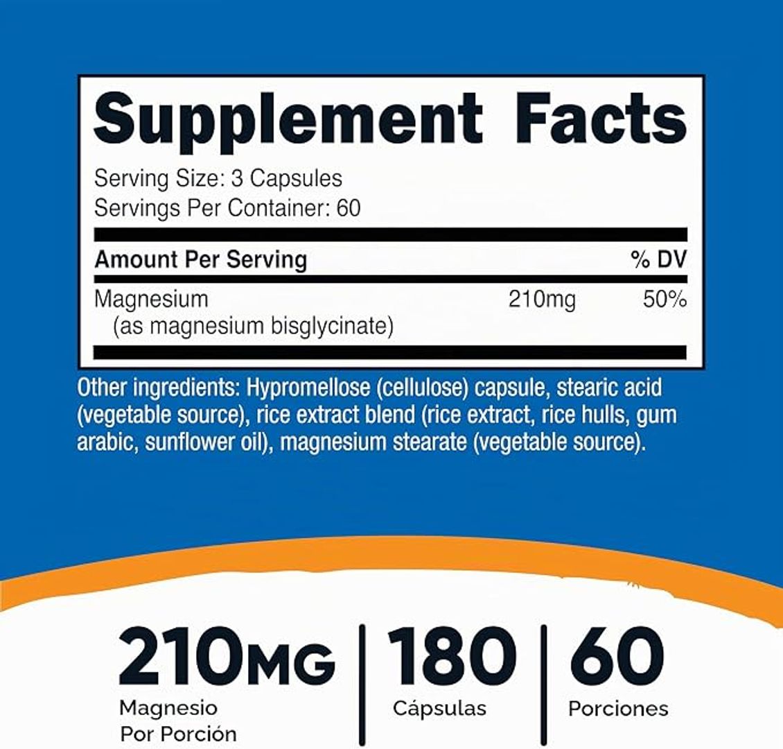 Glicinato de magnesio, 180 cápsulas, 210 mg Nutricost