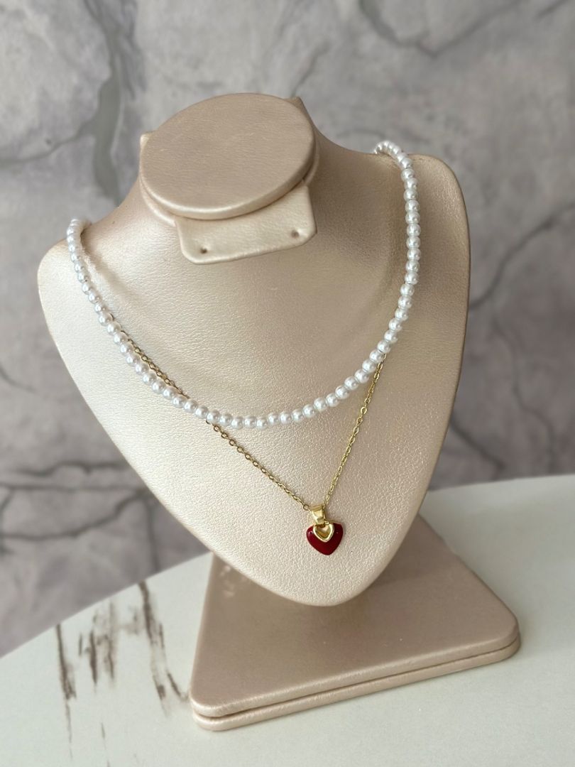 Cadena doble perla corazón 