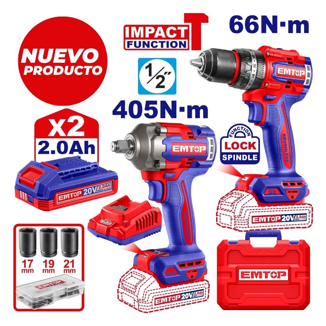 EMTOP COMBO TALADRO 1/2 PERC INALAM+LLAVE IMPACTO 1/2 405N+2BAT 2Ah+CARG+5 ACC