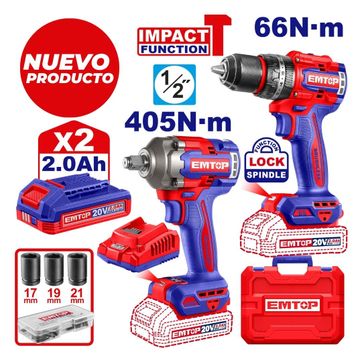 EMTOP COMBO TALADRO 1/2 PERC INALAM+LLAVE IMPACTO 1/2 405N+2BAT 2Ah+CARG+5 ACC - imagen 1