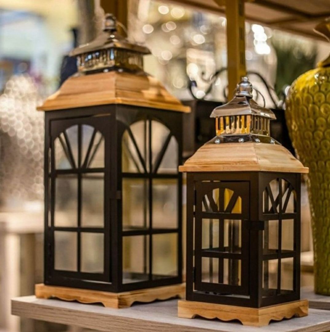 Set x2 Faroles Madera y Metal Negros y plateado