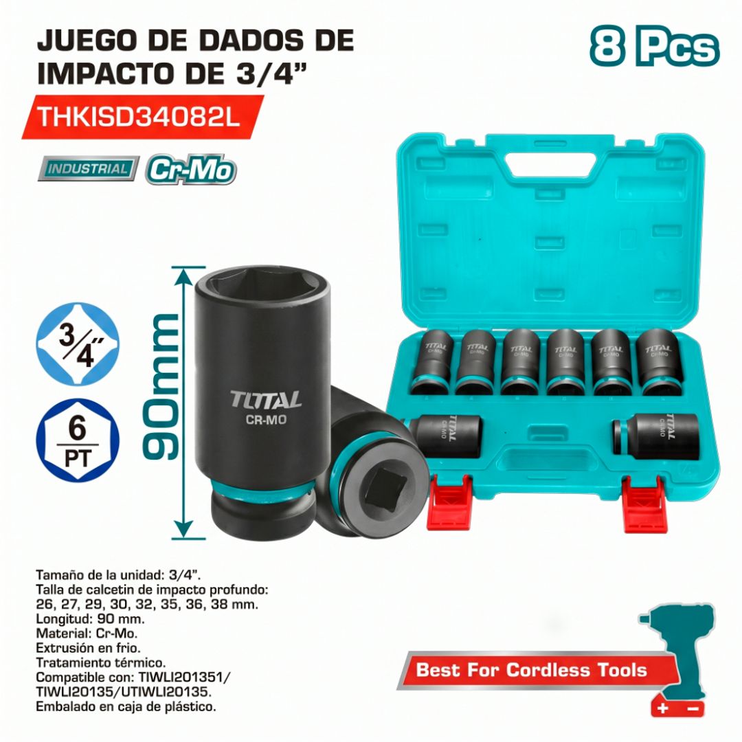 JUEGO DE DADOS DE IMPACTO PROFUNDOS 3/4" 90MM 