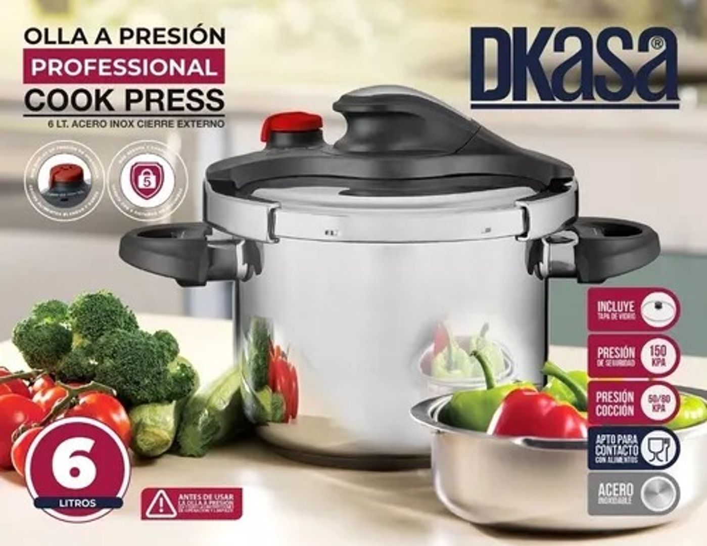 Olla A Presión Profesional Acero Inoxidable 6 Litros Dkasa