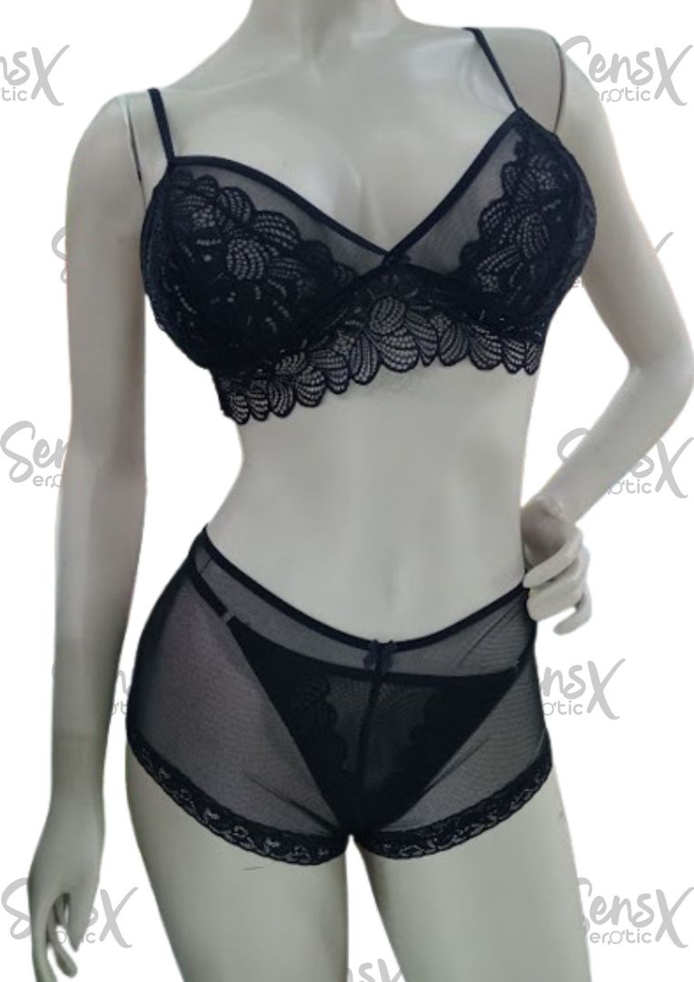 conjunto lencería malla transparente con encaje 